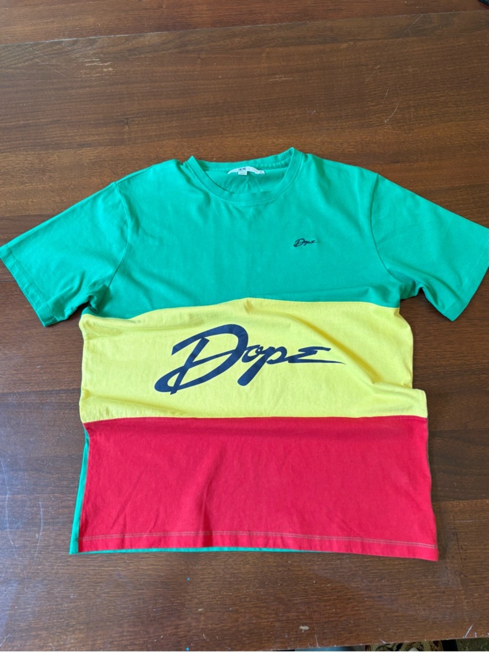 DOPE Colorblock Kids Tee in Green, Yellow & Red with Script Logo